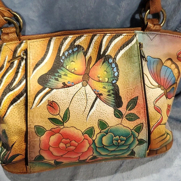 Anuschka butterfly floral double handle handpainted leather shoulder bag nwot - Picture 2 of 11